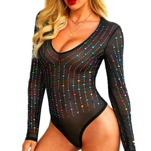 Exquisite Black Colorful Rhinestone Bodysuit